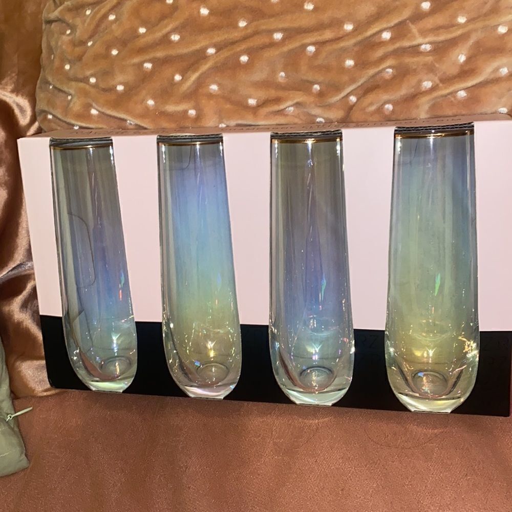 NIB Rachel Zoe Iridescent Champagne Flutes With Gold Rim!